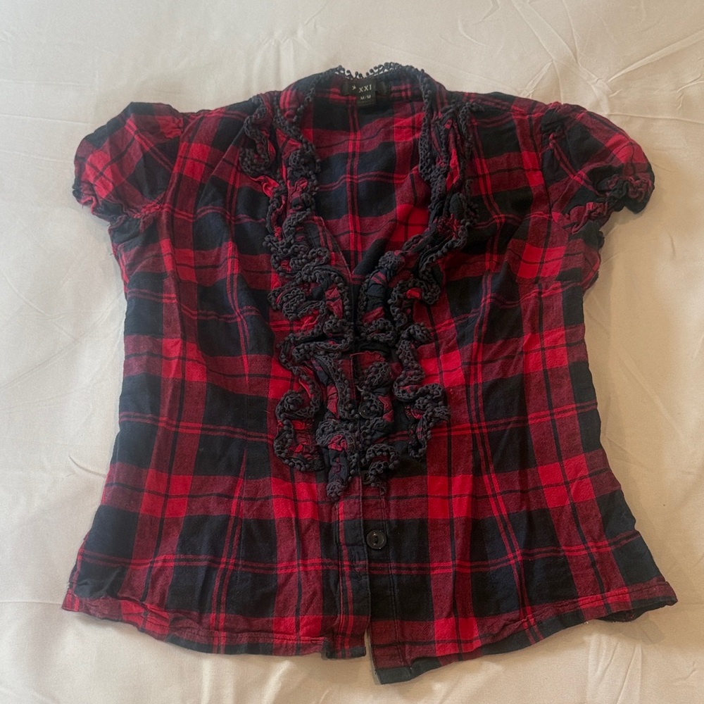 Forever 21 Plaid Ruffle Blouse - Red and Black